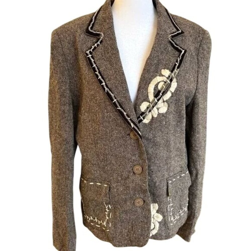 Tokyo Womens Wool Blend Tweed Blazer Jacket With Hand Embroidery & Green Lining